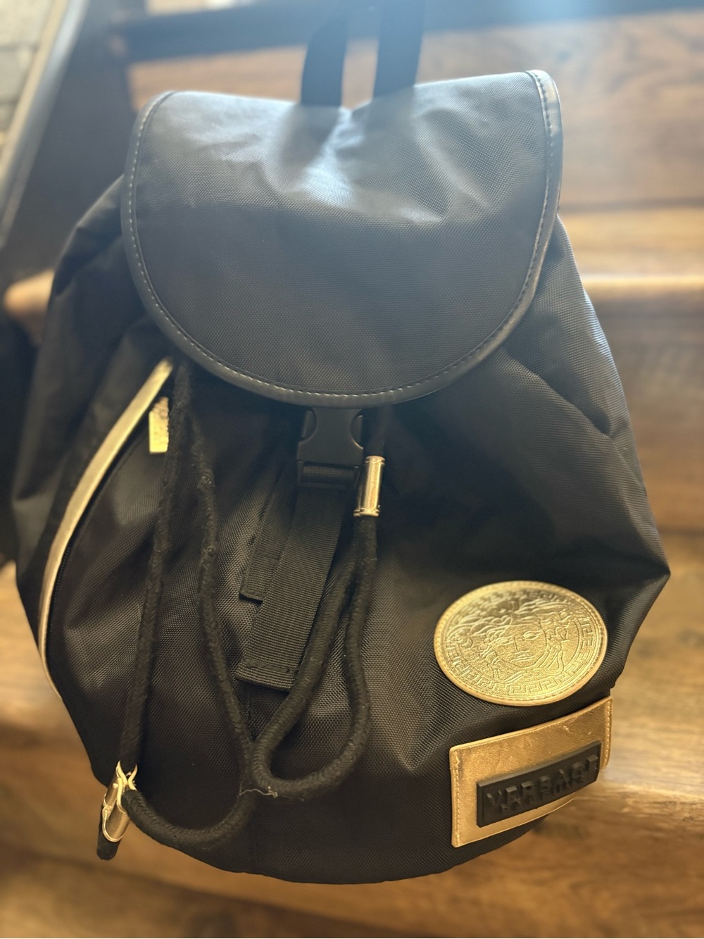 Versace Black Backpack with Gold Medallion and Trim